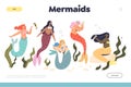 Group of beautiful sirens mermaids. Sea creatures concept of landing page with underwater princesses