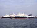 Group beautiful white ships in Klaipeda port, Lithuania