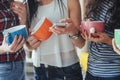 Group beautiful young people enjoying in conversation and drinking coffee, best friends girls together having fun, posing emotiona Royalty Free Stock Photo