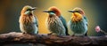 Group of bee-eater birds sitting on a branch with flowers