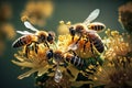 Group of bees on a flower. Honeybees harvesting pollen from blooming flowers, Generative AI Royalty Free Stock Photo