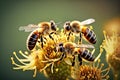 Group of bees on a flower. Honeybees harvesting pollen from blooming flowers, Generative AI Royalty Free Stock Photo