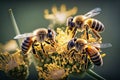 Group of bees on a flower. Honeybees harvesting pollen from blooming flowers, Generative AI Royalty Free Stock Photo