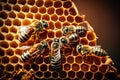 A group of bees producing honey on the honeycomb. AI