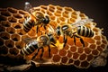 A group of bees producing honey on the honeycomb. AI