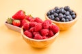 Group berry mix - strawberries, raspberries and blueberries of nature fruit in wood bowl, healthy food for diet Royalty Free Stock Photo