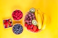 Group berry mix - strawberries, raspberries and blueberries of nature fruit in wood bowl, healthy food for diet Royalty Free Stock Photo