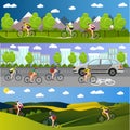 Group of bicycle riders on bikes in mountains, city road and park. Biking sport banners. Vector illustration flat style Royalty Free Stock Photo