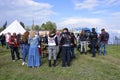 Group of bikers men and women having lunch during bikers rally Royalty Free Stock Photo