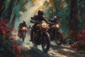 group of bikers riding through a forest. The riders are wearing helmets and leather jackets, and there are trees and