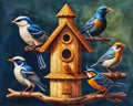 A group of birds sitting on top of a birdhouse. Beautiful picture of birds. Royalty Free Stock Photo