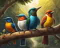 A group of birds sitting on top of a tree branch. Beautiful picture of cute birds. Royalty Free Stock Photo