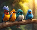 A group of birds sitting on top of a tree branch. Beautiful picture of cute birds. Royalty Free Stock Photo