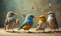 A group of birds are standing on the ground, with one bird in yellow, one in blue, one in grey, and one in white. The bi Royalty Free Stock Photo