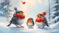 Group Of Birds Wearing Scarves And Hats In Snow