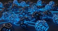 A grid of black and blue 3D-printed spheres with intricate geometric patterns connected by glowing blue lines forming a futuristic Royalty Free Stock Photo