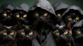 A group of black cats with yellow eyes. Generative AI image. Royalty Free Stock Photo