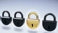 Group of black closed locks with one golden lock