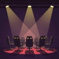 A group of black office chairs, arranged in a circle, sits under three spotlights. Royalty Free Stock Photo