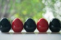 Group of black and red of egg shape ceramic shakers for salt and pepper Royalty Free Stock Photo