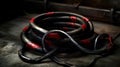 a group of black and red hoses sitting on top of a table