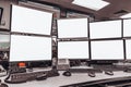 Group of blank monitors and screen on security desk or control room for monitor process or stock data trading