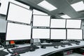 Group of blank monitors and screen on security desk or control room for monitor process or stock data trading