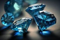 Group of blue diamonds on a dark background. 3D illustration.