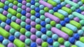 Group of blue, green, purple spheres and blocks. Abstract illustration, 3d render