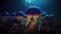 a group of blue jellyfish swimming in the ocean at night with bright lights shining on the water and grass growing on the bottom Royalty Free Stock Photo