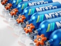 Group of blue Nitrous Oxide tanks. 3D illustration