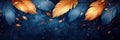 A group of blue and orange feathers floating in the air, panoramic banner, header or footer. Royalty Free Stock Photo