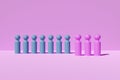 Group of blue and pink figures in 70/ 30 ratio on pink background, abstract concept of male and female gender equality or women`s