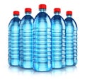 Group of blue plastic drink water bottles