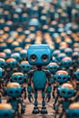 A group of blue robots standing in a large group of orange robots. Generative AI