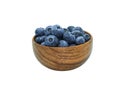 Group of blueburry fruit in wooden bowl circle side shape. Isolated on white with clipping path. fresh herbal multi vitamin juicy