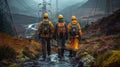 Group of bluecollar workers in helmets walking through hazardous mountain path