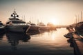 a group of boats are docked at a dock at sunset Royalty Free Stock Photo