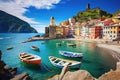 Group of Boats Floating on Top of Calm Water, View of the famous travel landmark destination Vernazza, a small Mediterranean old