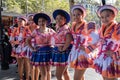 Barcelona - October 12, 2021: Girls in traditional dresses celebrates Hispanic Day