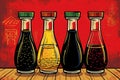 A group of bottles, filled with various liquids, is placed on a wooden table, A pop art image of different Chinese sauces, AI Royalty Free Stock Photo