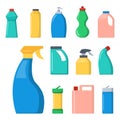 Bottles of household chemicals supplies cleaning housework liquid domestic fluid cleaner pack vector illustration. Royalty Free Stock Photo