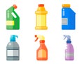 Bottles of household chemicals supplies cleaning housework plastic detergent liquid domestic fluid cleaner pack vector Royalty Free Stock Photo