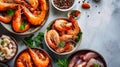 Group of Bowls Filled With Shrimp and Clams