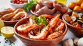 Group of Bowls Filled With Shrimp and Clams