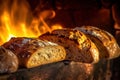 A group of breads sitting in an oven with a fire in the background, created by Generative AI Royalty Free Stock Photo