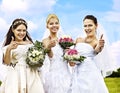 Group bride and groom summer outdoor.