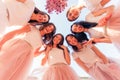Group of bridesmaids making selfie at sky background