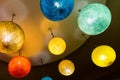 Group of bright colorful round lanterns of paper electric close-up of yellow blue holiday base