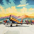 Group of Brightly Colored Airplanes in a Picturesque Airport Setting